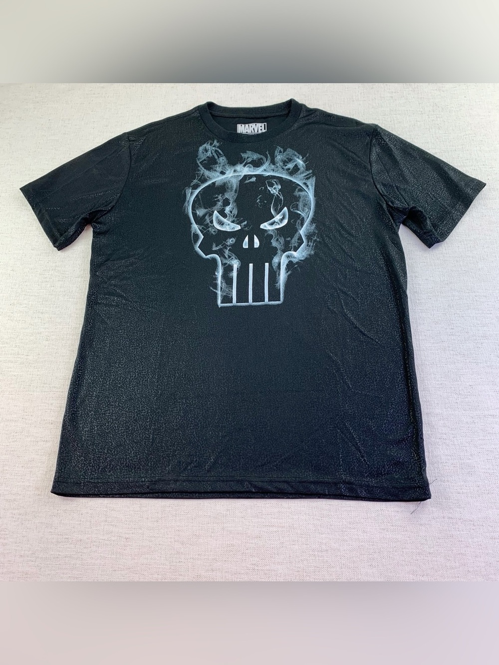 Marvel Black Short Sleeve Tee with Smoky Punisher‎ Skull shiny textured fabric